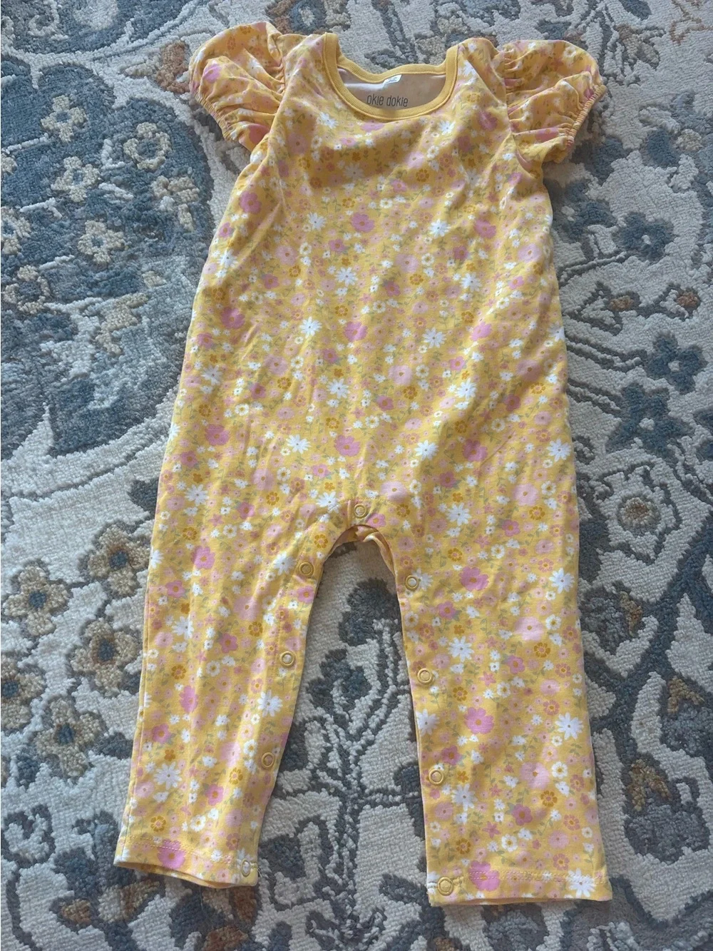 okie dokie Yellow Floral Infant Romper with Pink and White Flowers